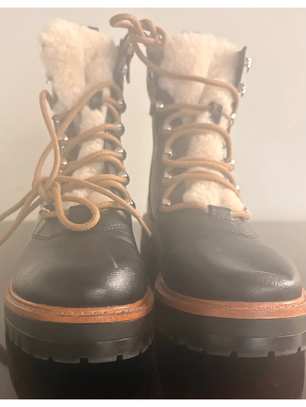 Nine West Women's Black Leather Shearling Lined Lace-Up Ankle Boots, Size 8